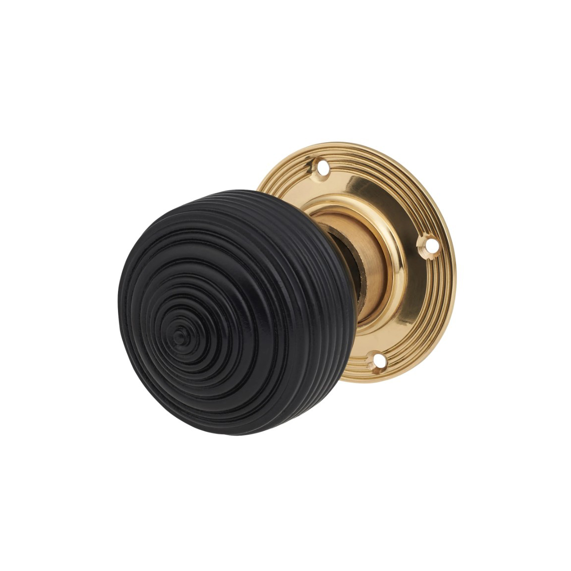 Olde-Forge-Edwardian-Reeded-Beehive-Mortice-Rim-Door-Knob-60mm-Diameter-Ebony-Knob-Brass-Rose-image-1.jpg